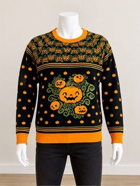 FUN.com Halloween Pumpkin Jack O Lantern Sweater Black Orange Size M